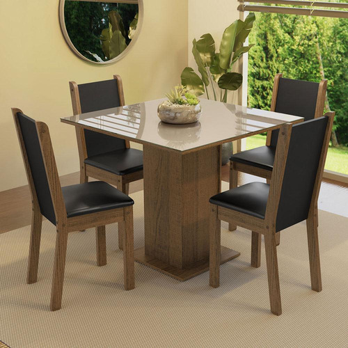 Sala De Jantar Mesa Tampo De Vidro 4 Cadeiras Tifani Madesa Cor Rustic/Crema/Sintético Preto XMMDJA040165