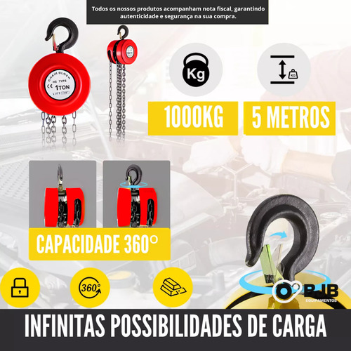 Talha Manual 1 Tonelada 1000 Kg Com Corrente Aço 5 Mt