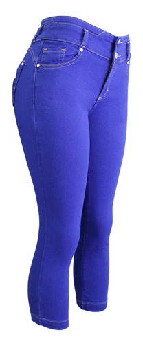 Jean Capri Mezclilla Dama Con Bolsas, Doble Botón En Pretina