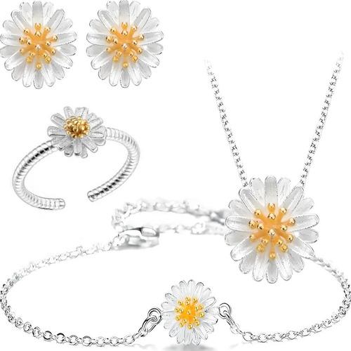 Conjunto Plata 925 Collar Anillo Pulsera Aros Mujer Joya