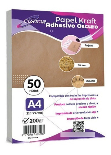 Papel Kraft Oscuro Adhesivo Imprimible A4 200gr 50hjs Cursor