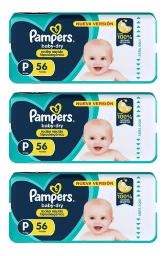 3un Pampers Baby Dry Hipoalergenico Talle Pequeño X 56 unidades