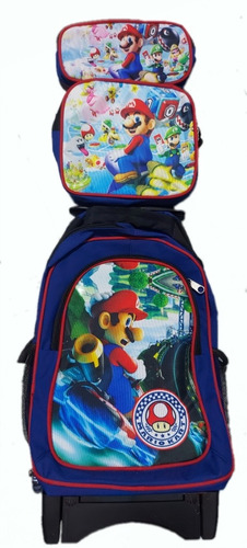 Kit Morral Con Ruedas Mario Bross + Lonchera + Cartuchera