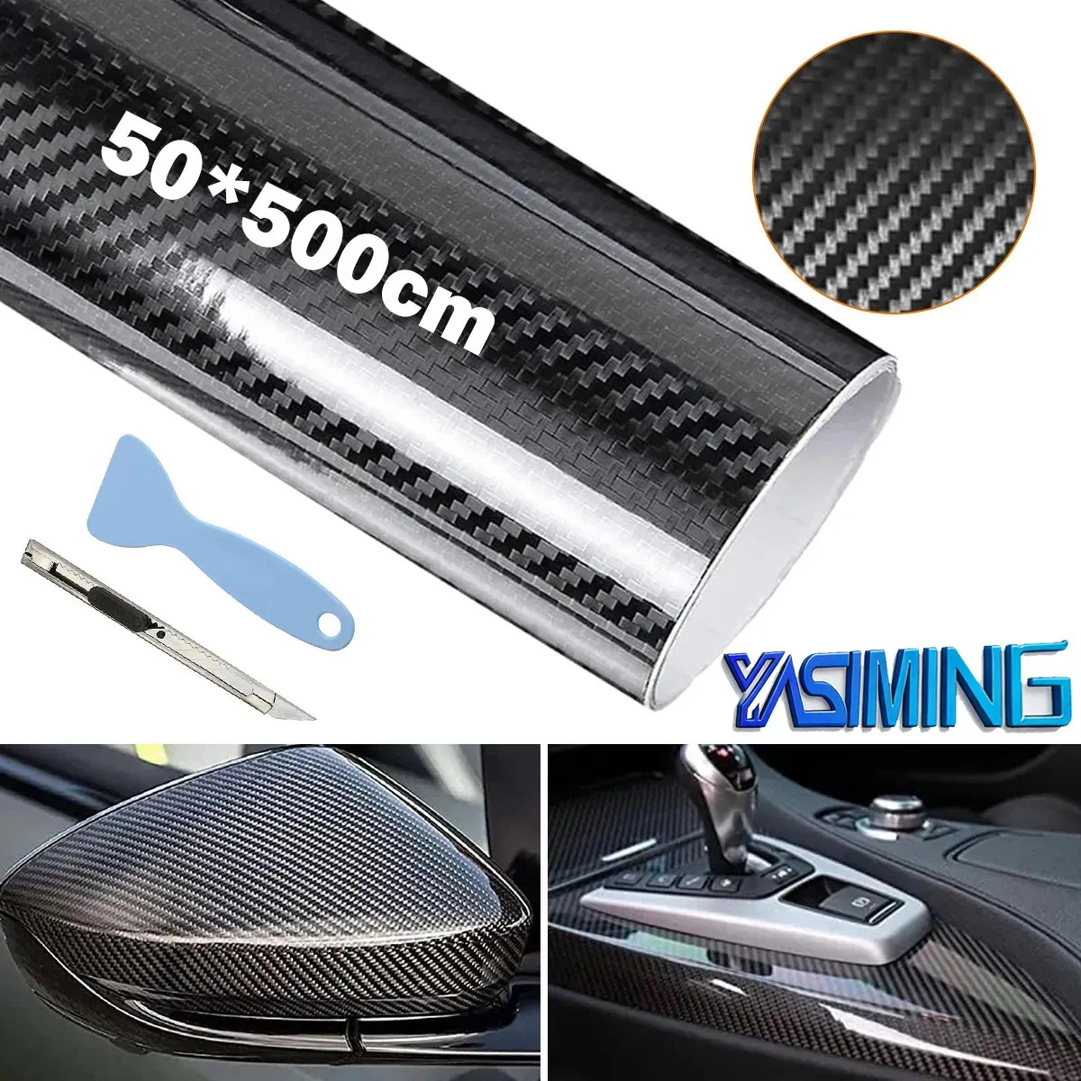 YASIMING-6D Vinil Automotriz Fibra De Carbono Impermeable 50x500cm, Tuning Accesorios Para Vehículos, Es Apto Para Auto, Pared, Refrigerador, Tabla, Incluye cúter y Raspador, Decor