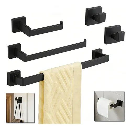Kit Banheiros 5 Peças Acessórios Para Aço Inox Preto Preto