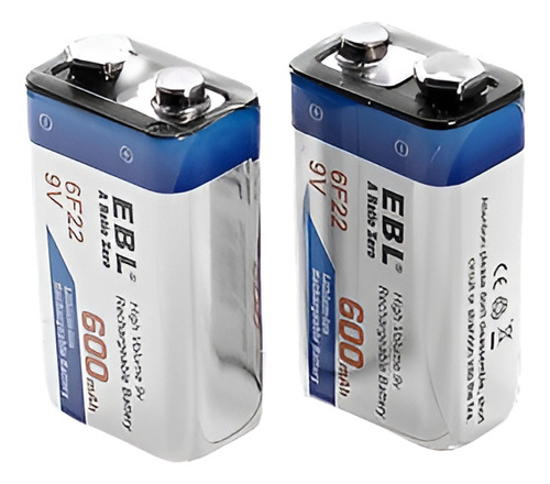 2 Pcs Ebl 600mah Li-ion Batería Recargable 9v 6f22 Un Cocien