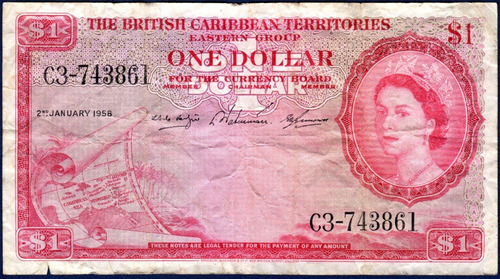 1 Dolar 1958 Billete Territorio Caribe Británico Isabel Ii