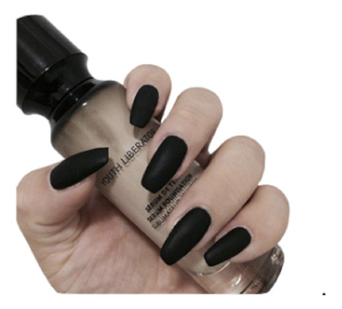 Uñas Postizas Press On Adheribles 24 Tips Negro Mate Coffin