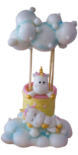 Adorno Torta Unicornios X2 Globo Aerostático Nubes Porcelana