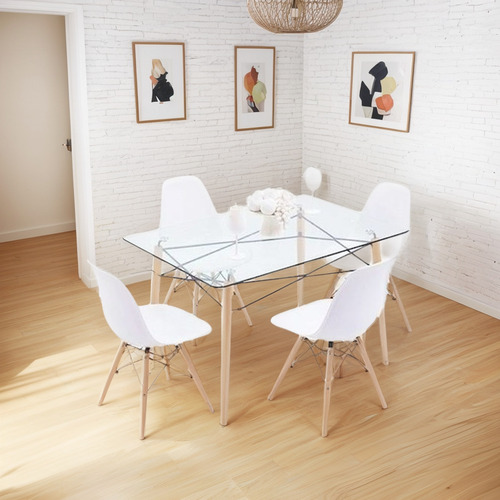 Juego De Comedor Mesa Vidrio 120x80 + 4 Sillas Eames Dsw
