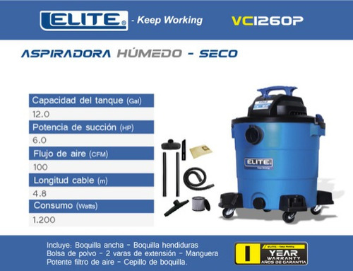 Aspiradora Húmedo/seco 6.0hp 12gal Función Soplador Elite