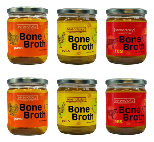 Caldo De Huesos Bone Broth 6 Pack Mix: Pavo, Res Y Pollo