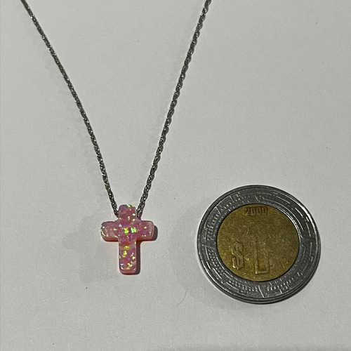 Precioso Collar De Plata .925 Piedra Ópalo Rosa Forma Cruz