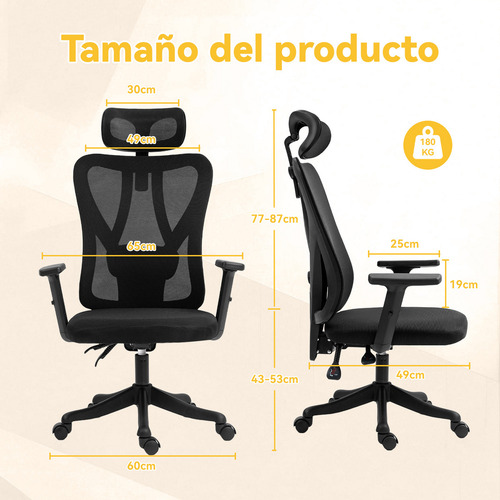 Silla Ergonómica de Oficina Reclinable con Ruedas y Cabecera Color Negro Vidita RB90017