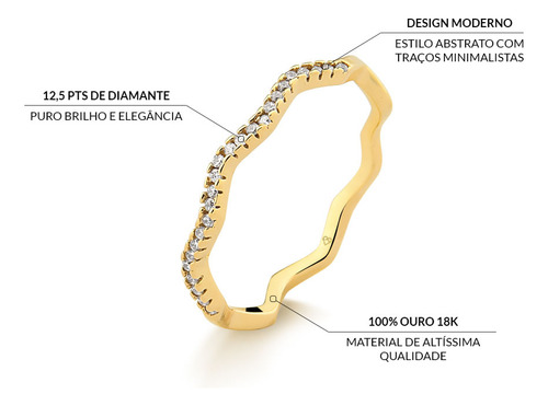 Anel Slim Curvado Em Ouro 18k Com 12,5 Pontos De Diamante Ar