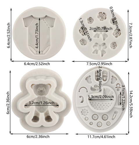 4pcs Molde Silicona Fiesta Del Bebé Oso Lazo Fondant Resina