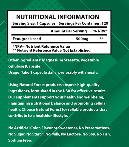 Fenogreco 120 Cápsulas 500mg Natual Forest Usa Sabor Neutro