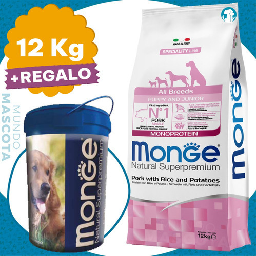 Alimento Monge Monoprotein All Breeds para perro cachorro todos los tamaños sabor cerdo en bolsa de 12kg
