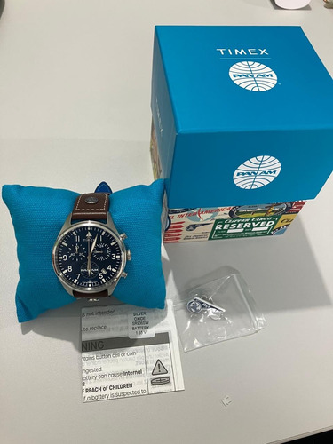Reloj Timex Pan Am Hombre Piel Plata Hebilla Simple Marrón Plateado Azul