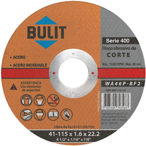 Disco Abrasivo De Corte Bulit Serie 400 115x1,6x22.2 X 5un