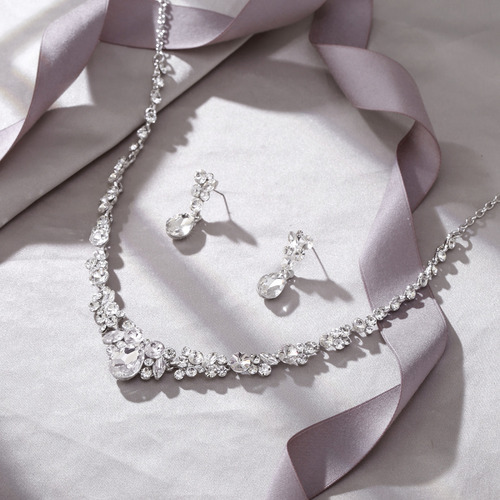 Joya Nupcial Juego Collar Aretes De Pedrería Para Novia Boda