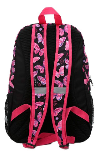 Set Mochila Escolar Lonchera Y Lapicera Niña Flores Negra Con Rosa Color Negro Diseño de la tela Estampado