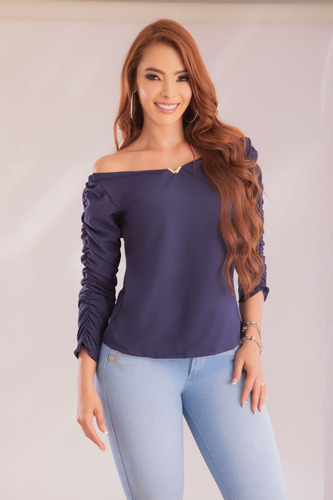 Blusa Cuello Bandeja Azul De Mujer 414