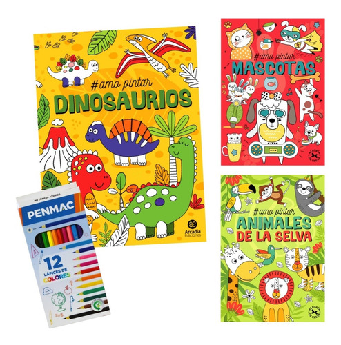 Kit 3 Libros Colorear Infantil + Caja De Lápices De Colores