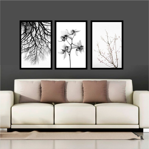 Quadro Decorativo Árvore Flores Preto E Branco Minimalista