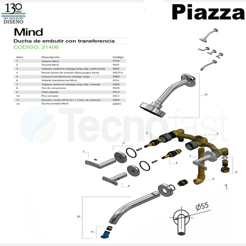 Grifería Ducha Embutir Piazza Mind 21406 Con Transferencia