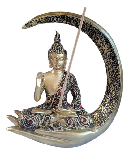 Estatua Buda Tibetano 26cm Em Resina + 8 Incensos Vareta Cor Dourado E Preto