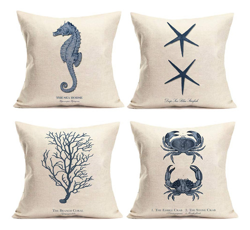 Funda De Almohada Decorativa De Algodón Y Lino, Diseño Marin