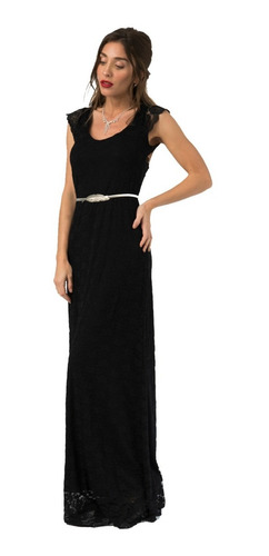Vestido Largo Fiesta Negro Clasico Espalda Al Aire Manguitas
