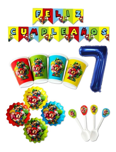 Kit Decoracion Super Mario Bros 12 Invitados + Numero+ Plato