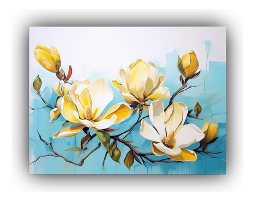 90x60cm Cuadro Magnolias Amarillas Y Turquesas Estilo Neo-no