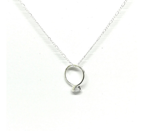 Collar Con Mini Anillo Compromiso Sencillo 15mm De Plata 925 Color Blanco