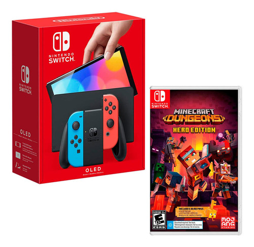Nintendo Switch Oled Neon + Minecraft Dungeons Ultimate