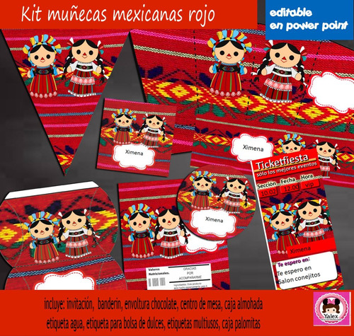 Kit Imprimible Fiesta Mexicana Muñeca Rojo Editable