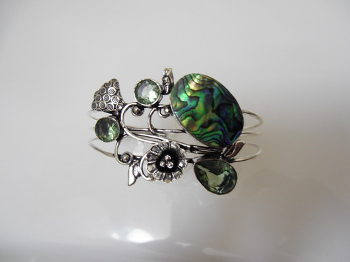 Pulsera Ajustable Con Concha De Abulón, Bañada En Plata 925