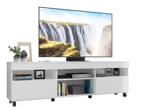 Rack Tv 65  Com Rodízios E 2 Portas Paris Multimóveis V3325 Cor Branco