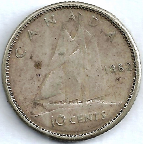 Canadá 1962 10 Cents Moneda De Plata 800 Velero L24520