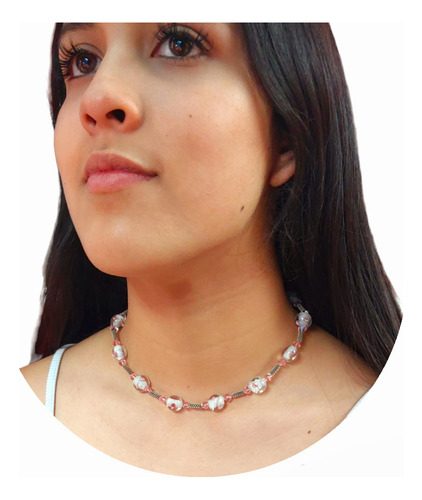 Collar Plata Sólida Ley.925 Con Cuentas Cristal Rosas 42cm