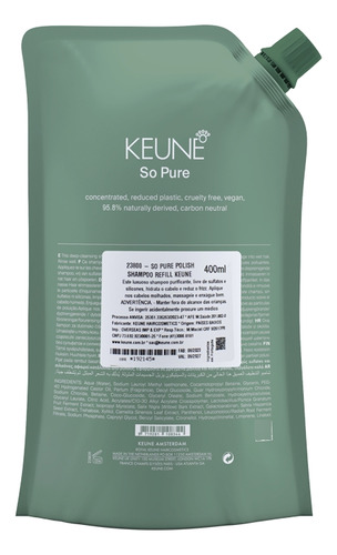 Keune So Pure Polish Shampoo Hidrata E Antifrizz Refil 400ml