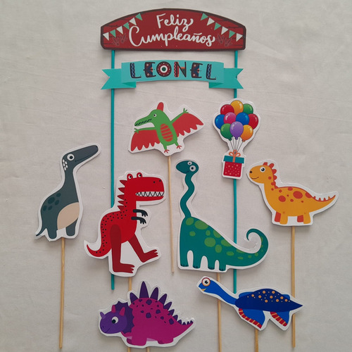 Adorno Torta Topper Dinosaurios C/ Nombre Y Feliz Cumple X10 Verde Lima Toppers Dinos