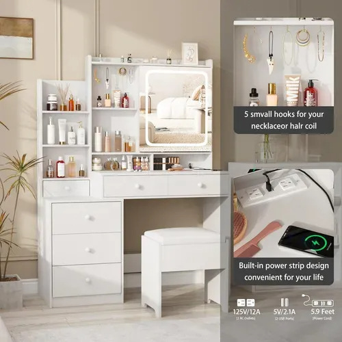 Tocador Multifuncional Con Espejo Y 6cajones Incluye Taburet Blanco