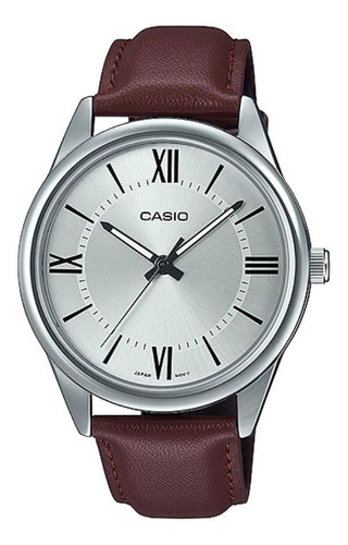 Reloj pulsera Casio MTP-V005 con correa de cuero color marrón - fondo plateado