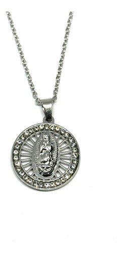 Collar Medalla Virgen Guadalupe Acero Plateada Piedra 22mm