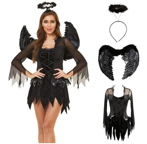 Vestido Fantasia Diabo Anjo Caído Halloween Feminina De Cosp