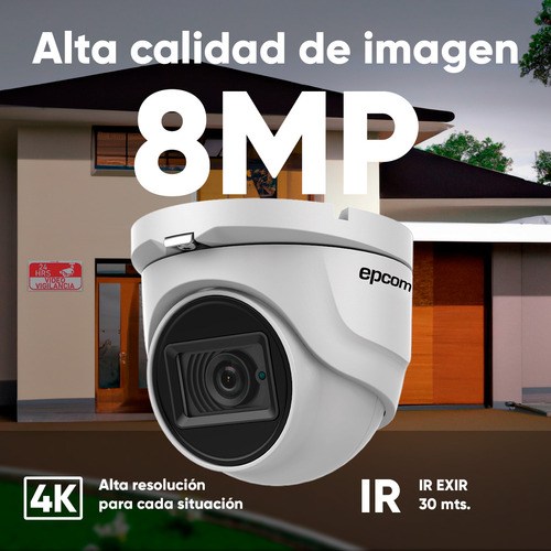 Epcom Kit De 4 Camaras De Seguridad Metalicas Eyeball 8mp Protección Ip66 Para Uso Exterior + Dvr 4ch Turbohd Con Detección De Movimiento Y Salida De Alarma +1tb Hdd Ev8004e4k-plus+1tb-sc