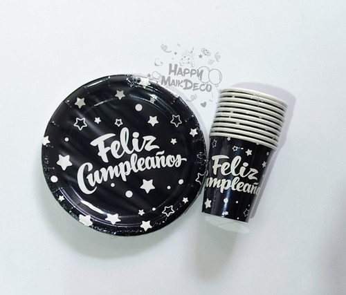 Set De 10 Platos Torta + 10 Vasos De Cartón Estampado Negros